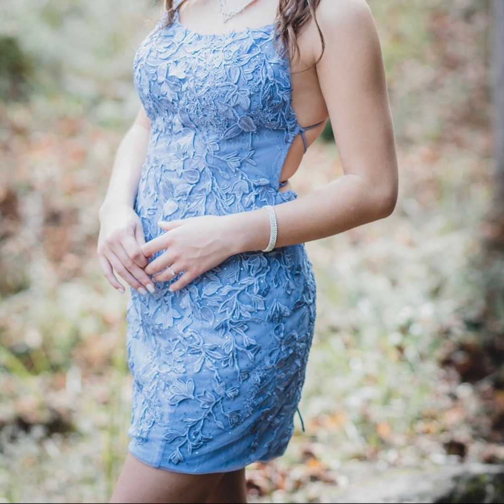 Periwinkle Sherri hill open back lace up
